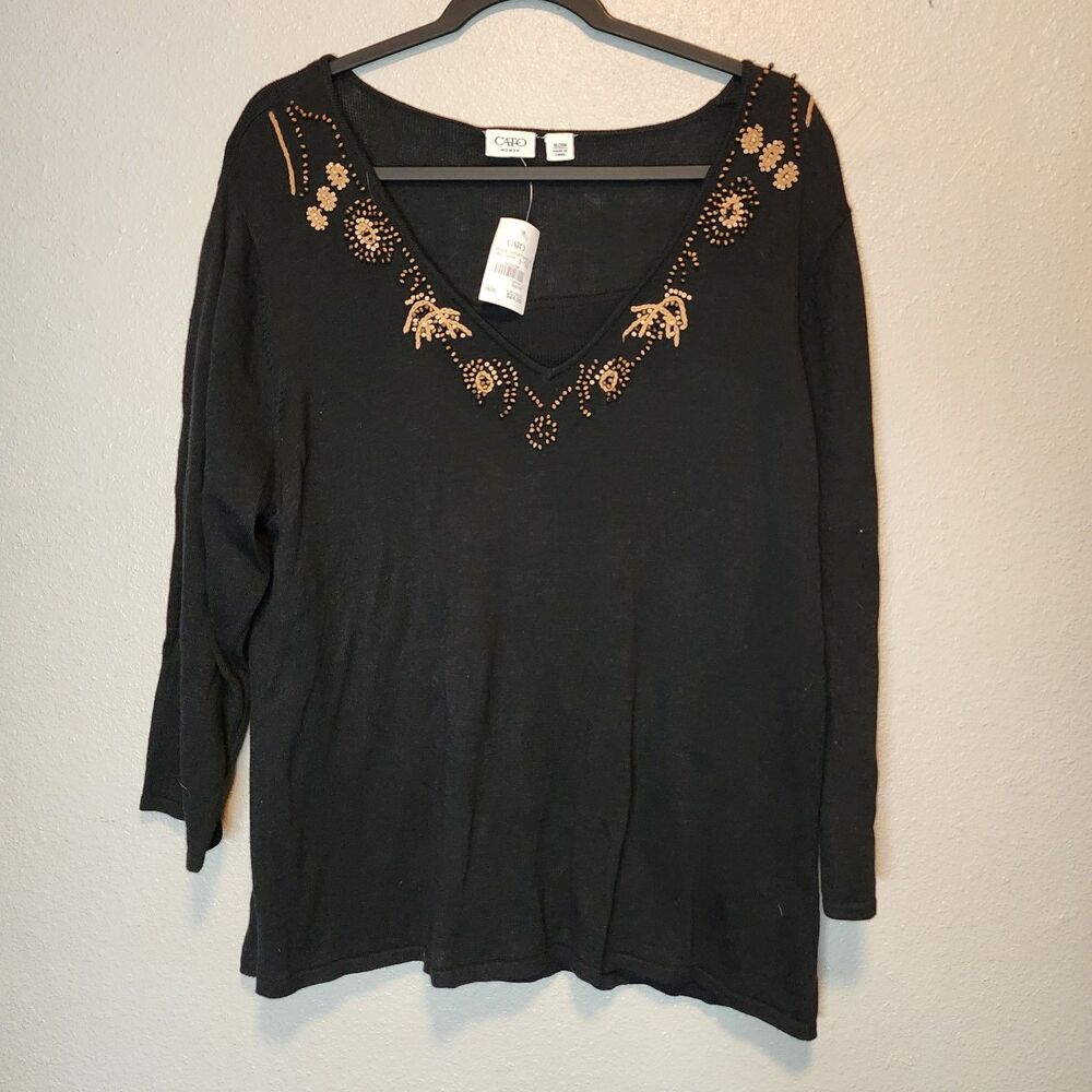 NWT Cato Beaded V-Neck Sweater Top 18/20W Black Gold Beaded Trim